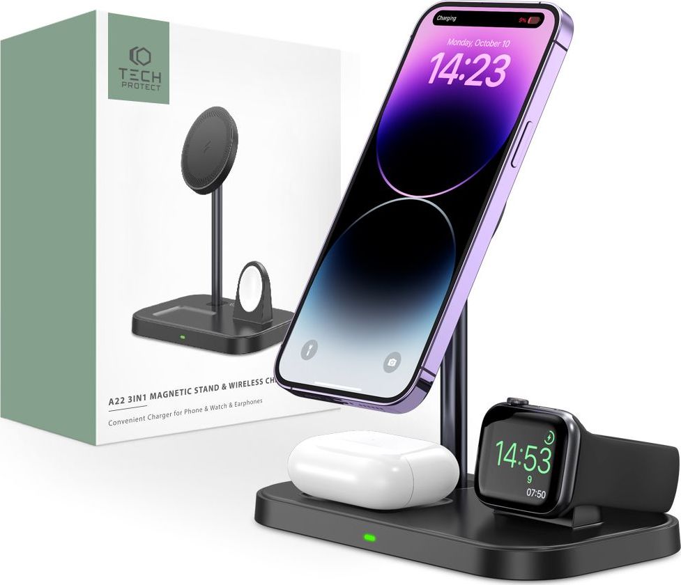 Tech-Protect Bezdrátová rychlá nabíječka pro iPhone, AirPods a Apple Watch - Tech-Protect, A22 MagSafe Wireless Charger Black