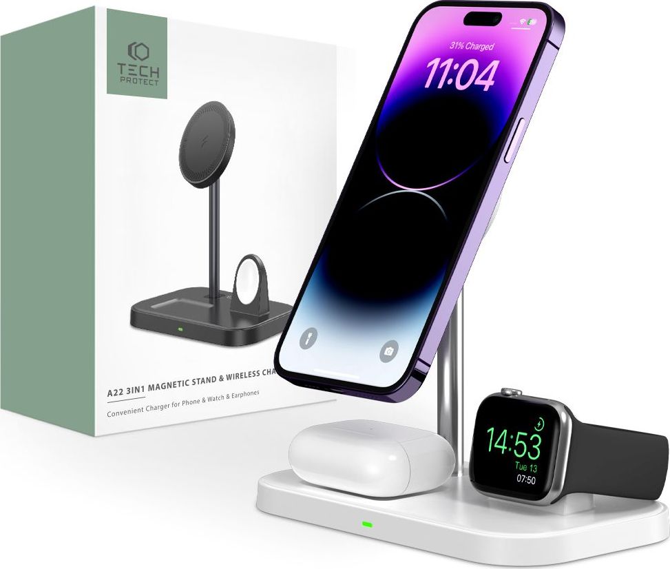 Tech-Protect Bezdrátová rychlá nabíječka pro iPhone, AirPods a Apple Watch - Tech-Protect, A22 MagSafe Wireless Charger White