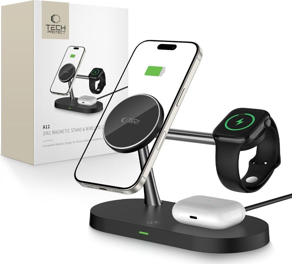 Tech-Protect Bezdrátová rychlá nabíječka pro iPhone, AirPods a Apple Watch - Tech-Protect, A12 MagSafe Wireless Charger Black