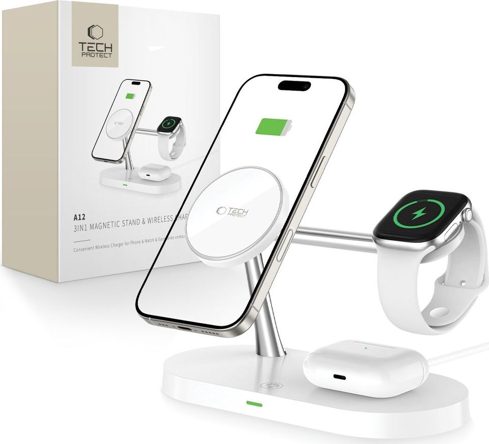 Tech-Protect Bezdrátová rychlá nabíječka pro iPhone, AirPods a Apple Watch - Tech-Protect, A12 MagSafe Wireless Charger White