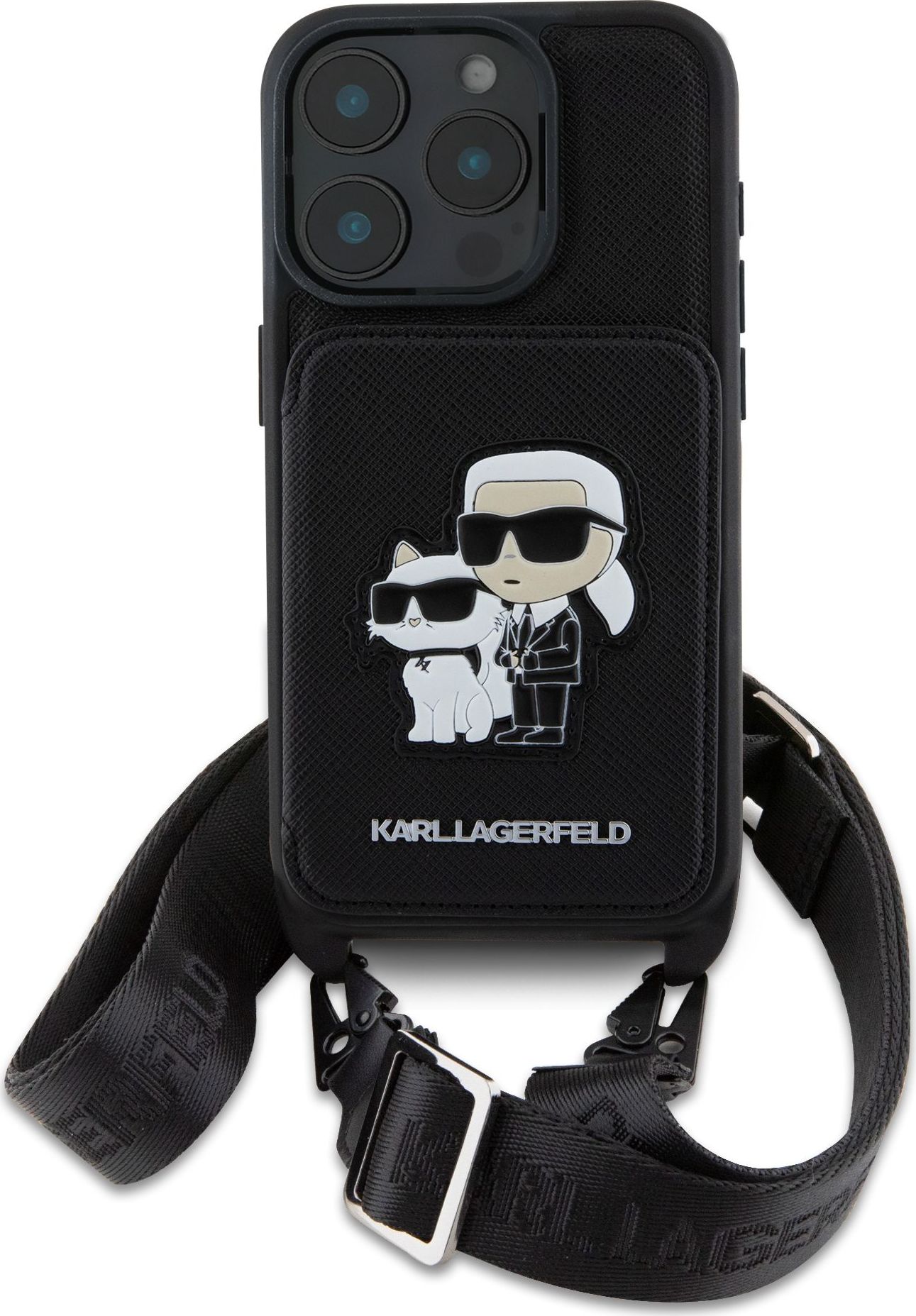 Karl Lagerfeld Saffiano Crossbody Popruh Karl and Choupette kryt pro iPhone 16 Pro černý