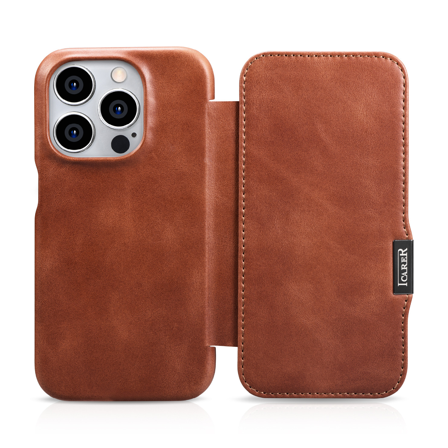 iCarer Knížkové pouzdro na iPhone 15 Pro - iCarer, Oil Wax Real Leather MagSafe Brown