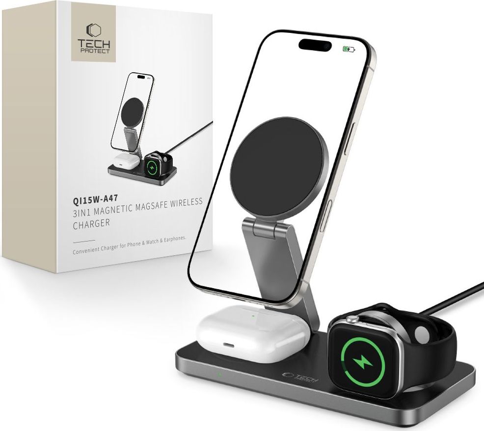 Tech-Protect Bezdrátová nabíječka pro iPhone, Apple Watch a AirPods - Tech-Protect, QI15W-A47 Wireless Charger Black