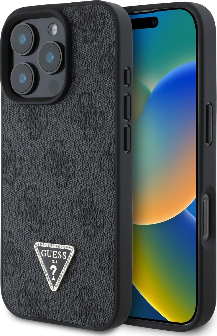 Guess PU 4G Strass Triangle Metal Logo kryt pro iPhone 16 Pro černý