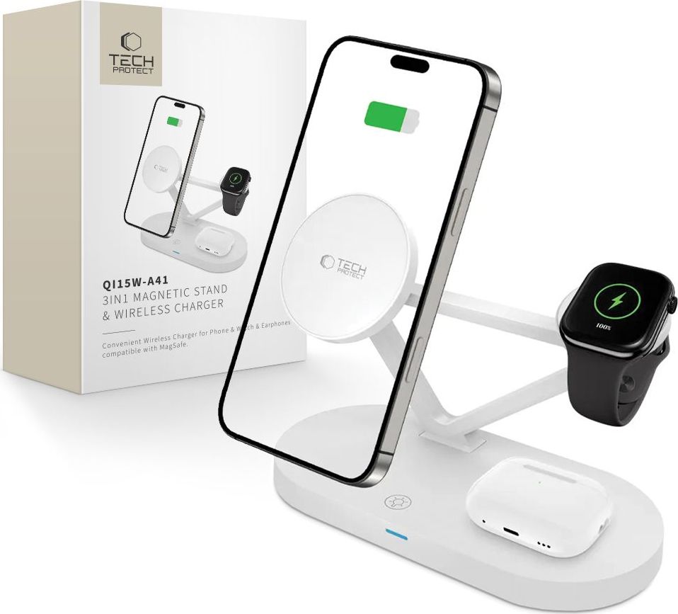 Tech-Protect Bezdrátová rychlá nabíječka pro iPhone, AirPods a Apple Watch - Tech-Protect, QI15W-A41 MagSafe Wireless Charger White