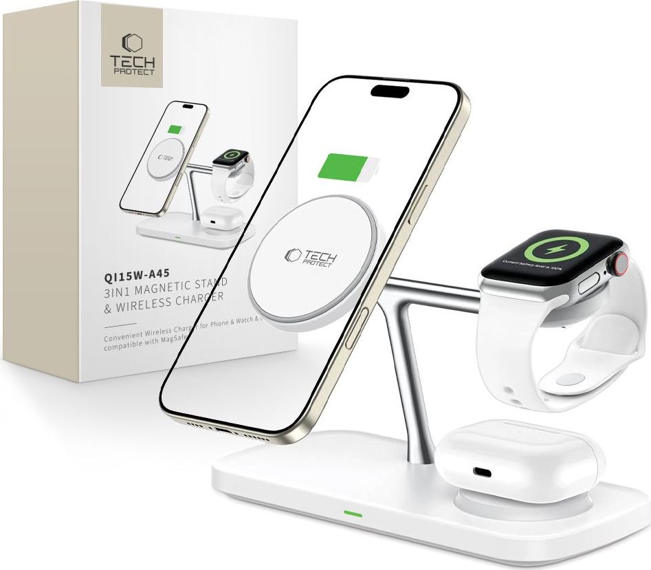 Tech-Protect Bezdrátová rychlá nabíječka pro iPhone, AirPods a Apple Watch - Tech-Protect, QI15W-A45 MagSafe Wireless Charger White