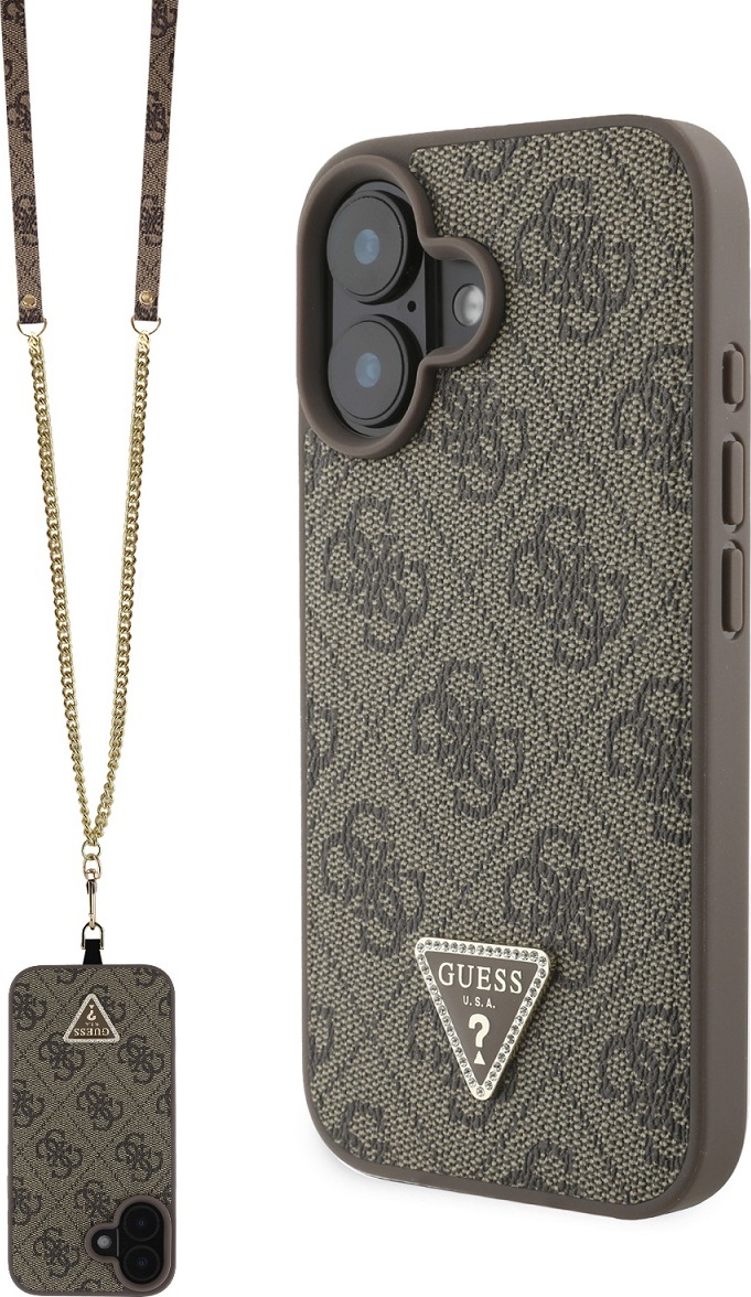 Guess PU 4G Strass Triangle Metal Logo kryt + Crossbody Popruh pro iPhone 16 hnědý