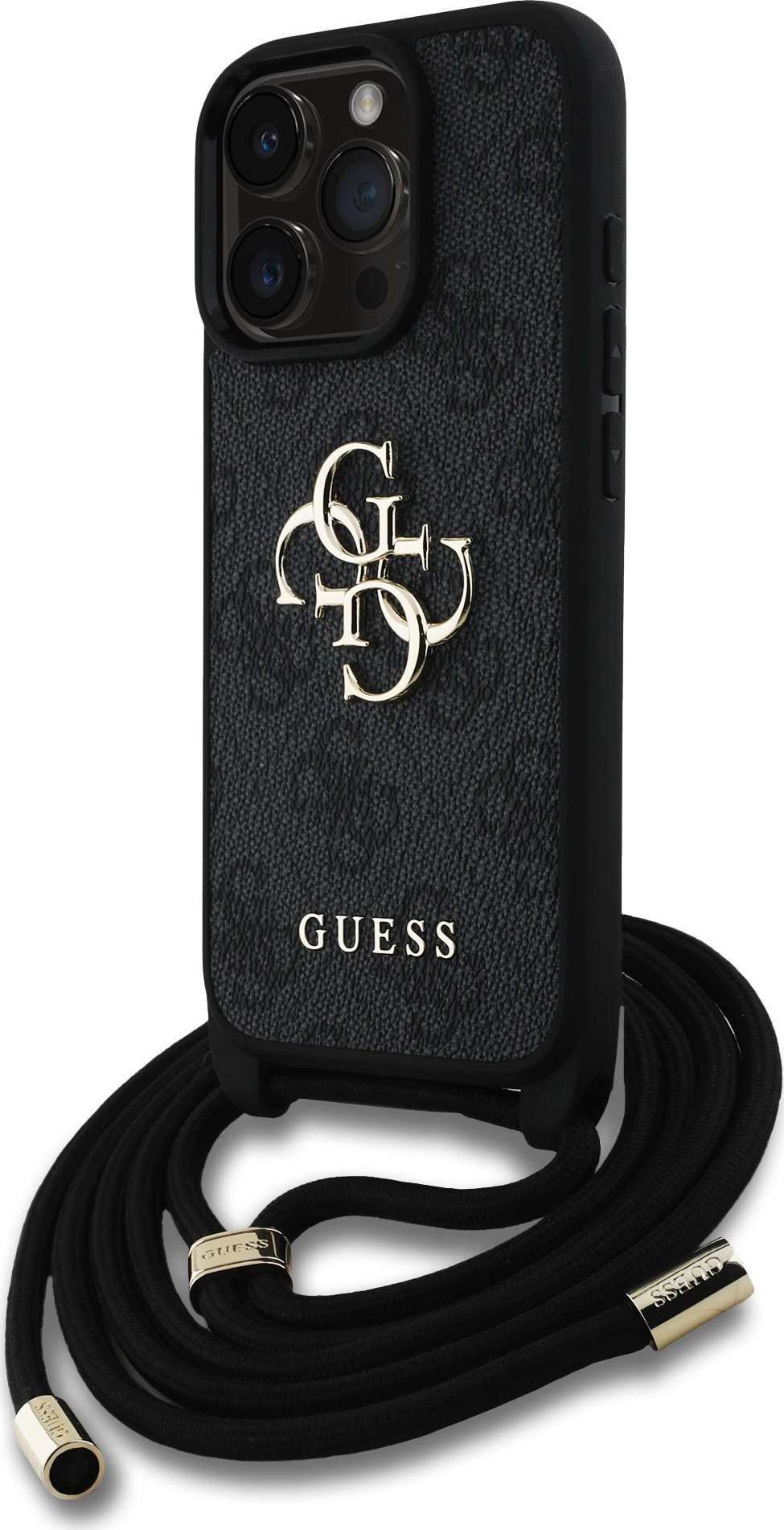 Guess PU 4G Metal Logo Crossbody popruh kryt iPhone 16 Pro černý