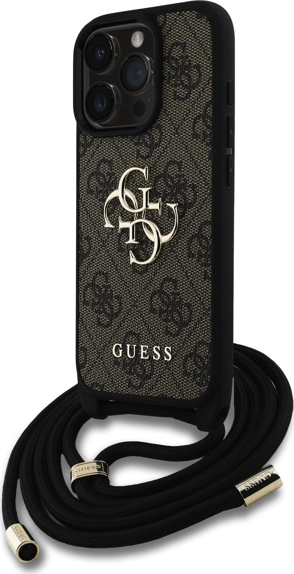 Guess PU 4G Metal Logo Crossbody popruh kryt iPhone 16 Pro hnědý