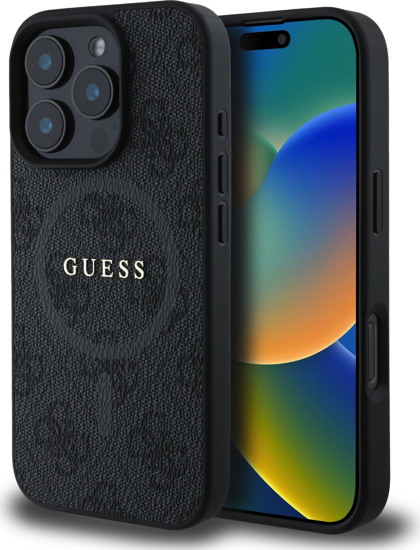 Guess PU Leather 4G Colored Ring MagSafe kryt iPhone 16 Pro černý