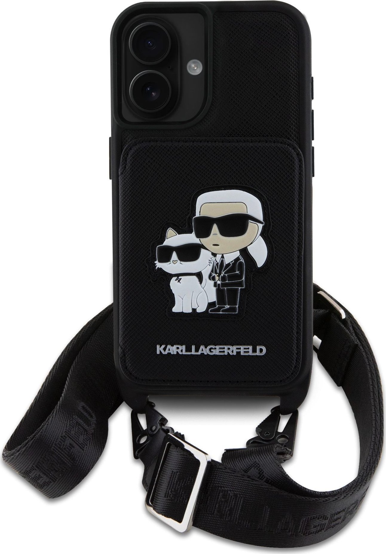 Karl Lagerfeld Saffiano Crossbody Popruh Karl and Choupette kryt pro iPhone 16 černý