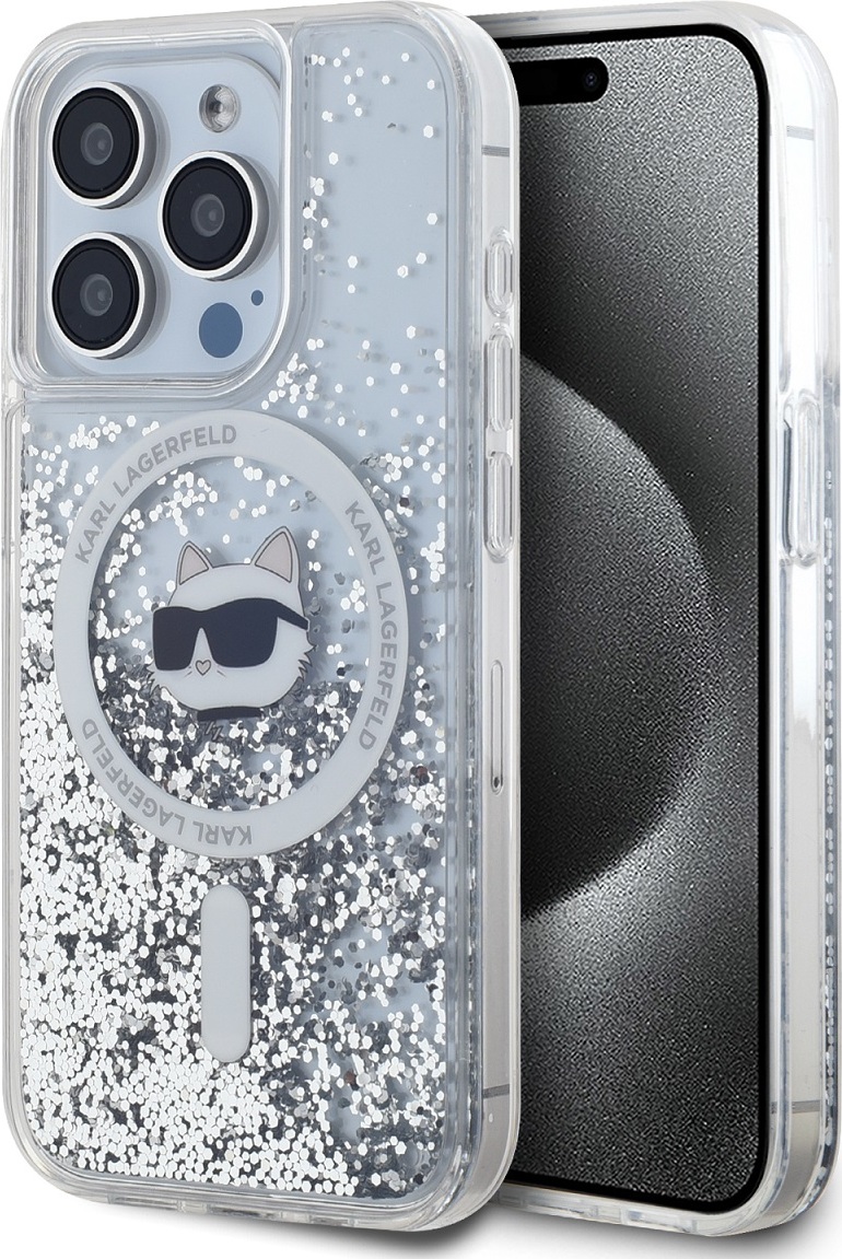 Karl Lagerfeld Liquid Glitter Choupette Head MagSafe zadní kryt pro iPhone 15 Pro Max čirý