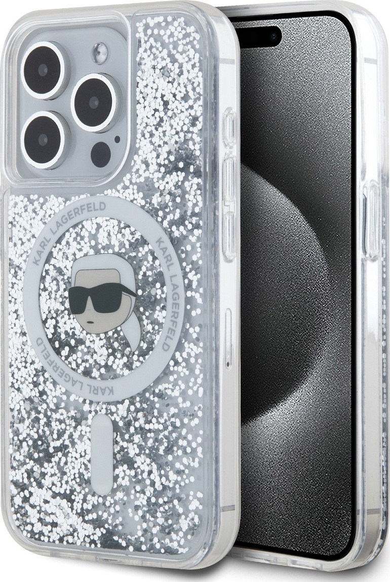 Karl Lagerfeld Liquid Glitter Karl Head MagSafe zadní kryt pro iPhone 15 Pro Max čirý