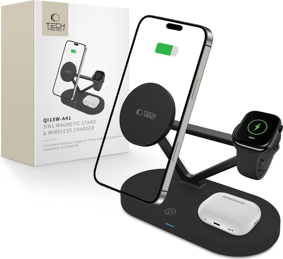 Tech-Protect Bezdrátová rychlá nabíječka pro iPhone, AirPods a Apple Watch - Tech-Protect, QI15W-A41 MagSafe Wireless Charger Black