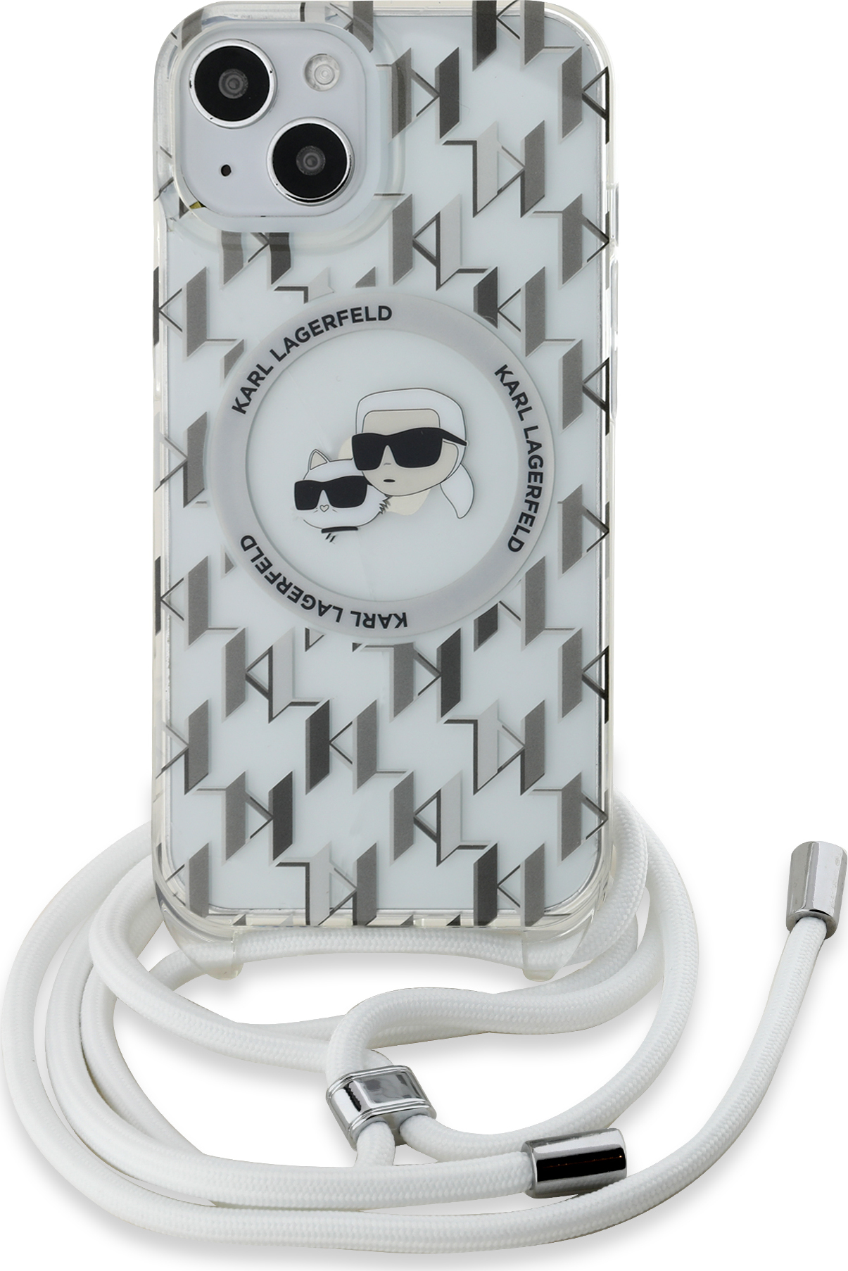 Karl Lagerfeld IML Monogram Crossbody K&CH Heads MagSafe zadní kryt iPhone 15 čirý