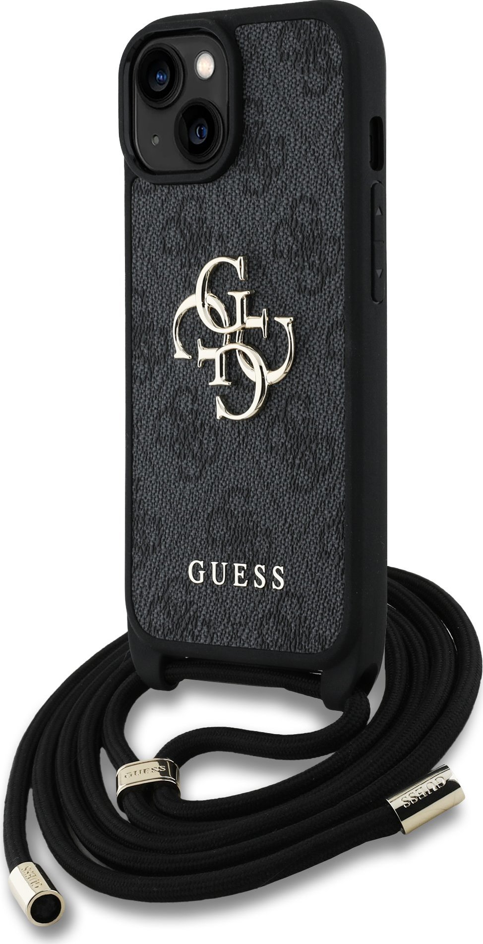 Guess PU 4G Metal Logo Crossbody popruh kryt iPhone 15 černý