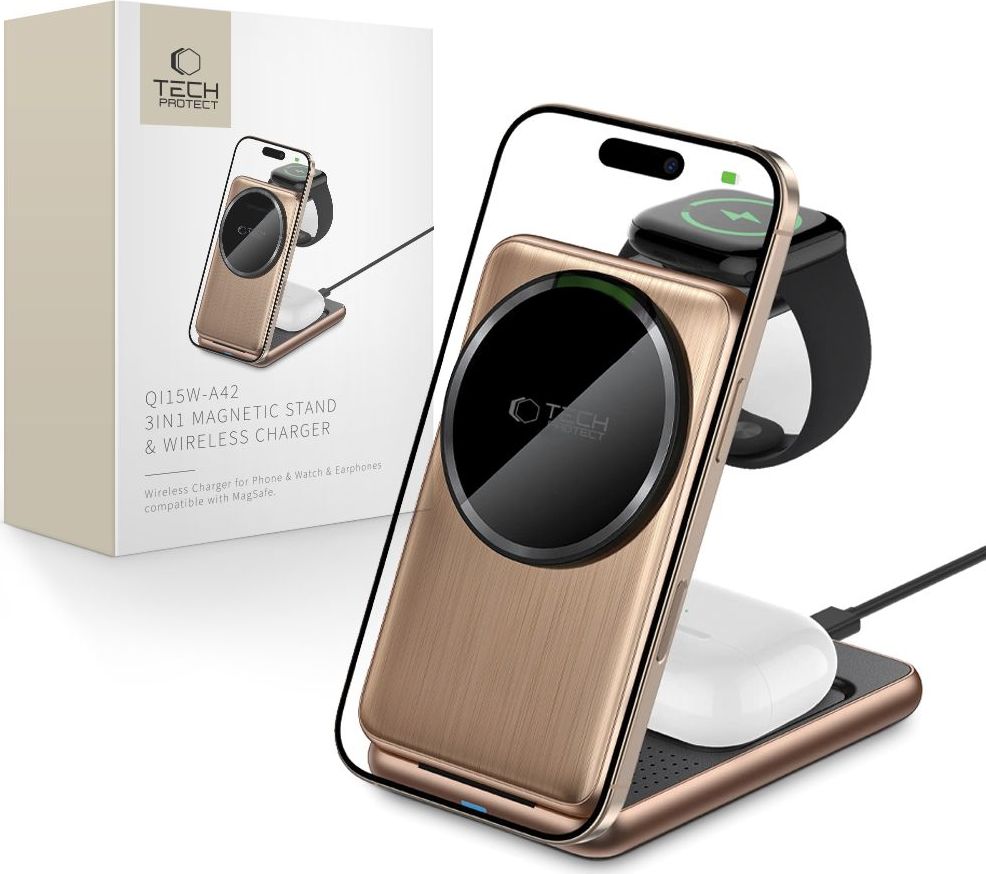 Tech-Protect Bezdrátová nabíječka pro iPhone, AirPods a Apple Watch - Tech-Protect, QI15W-A42 MagSafe Desert Gold