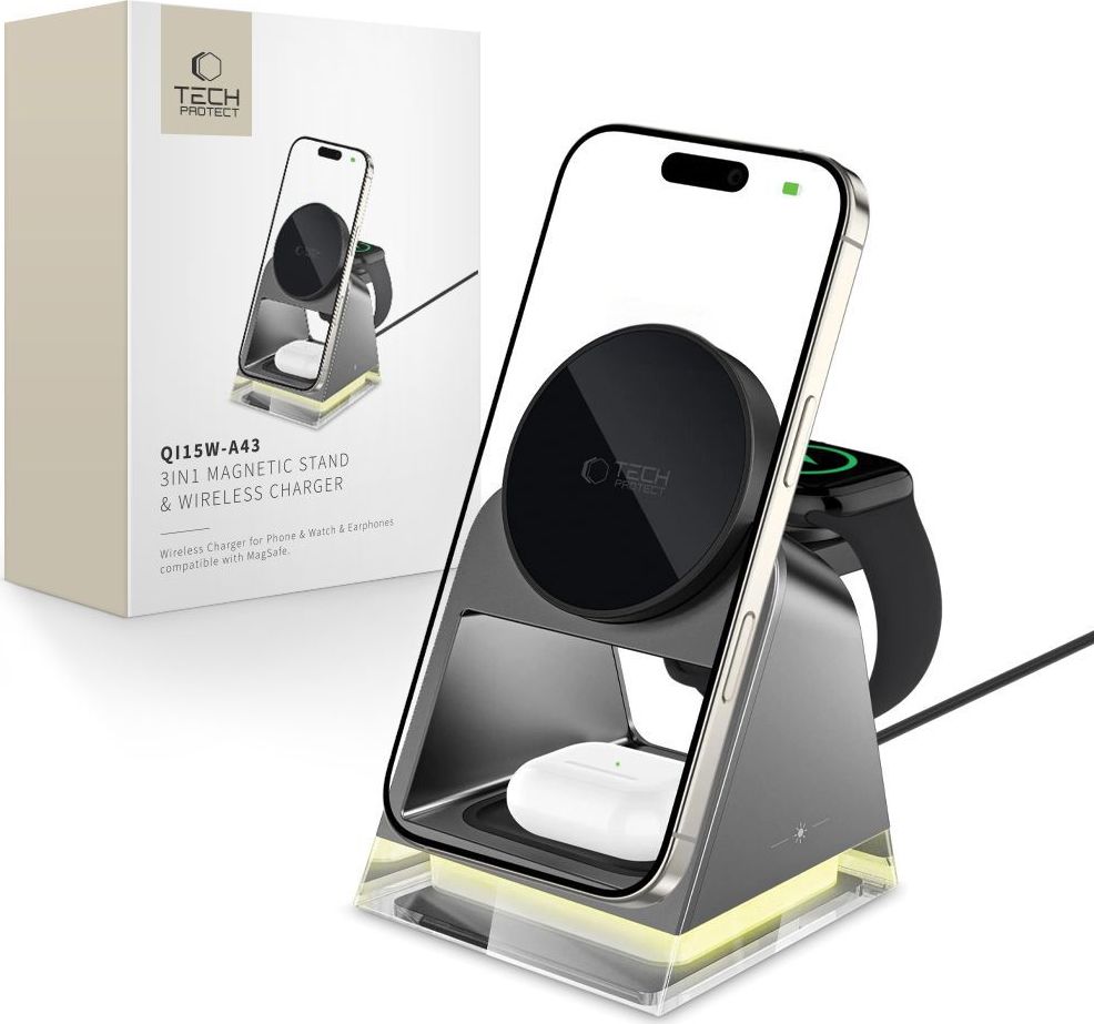 Tech-Protect Bezdrátová nabíječka pro iPhone, AirPods a Apple Watch - Tech-Protect, QI15W-A43 MagSafe Black