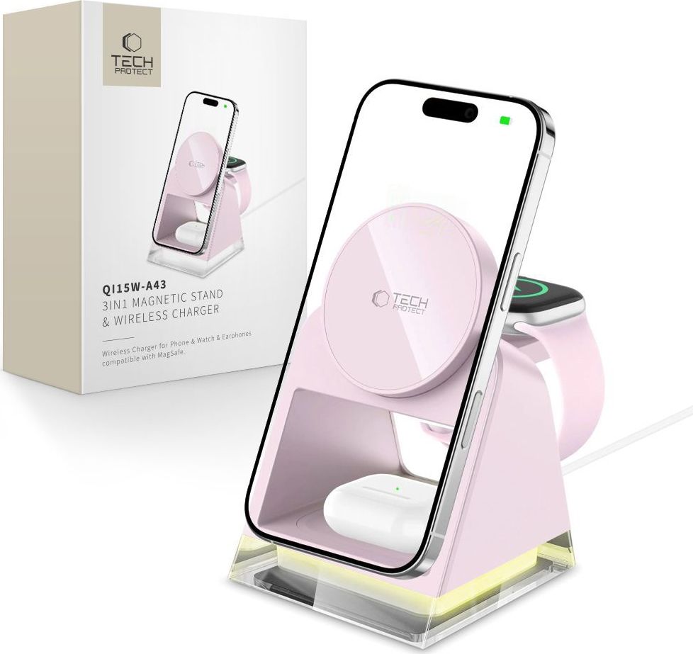 Tech-Protect Bezdrátová nabíječka pro iPhone, AirPods a Apple Watch - Tech-Protect, QI15W-A43 MagSafe Pink