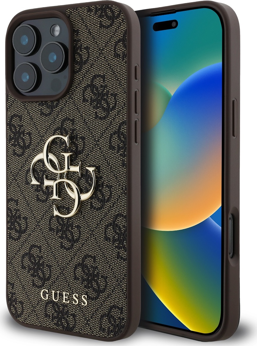 Guess PU 4G Metal Logo kryt pro iPhone 16 Pro hnědý