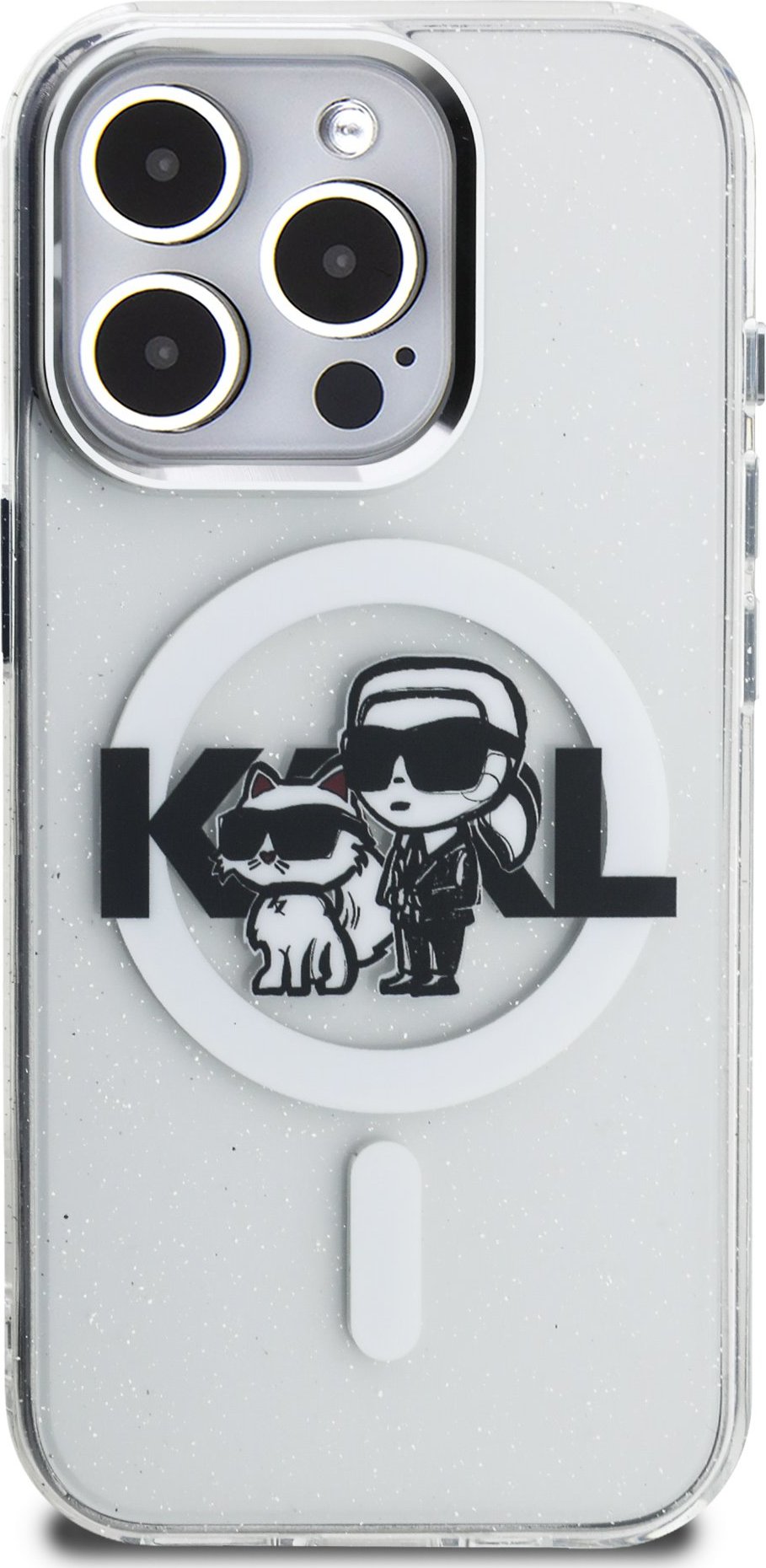Karl Lagerfeld IML Glitter Karl and Choupette Sketch MagSafe kryt iPhone 15 Pro čirý