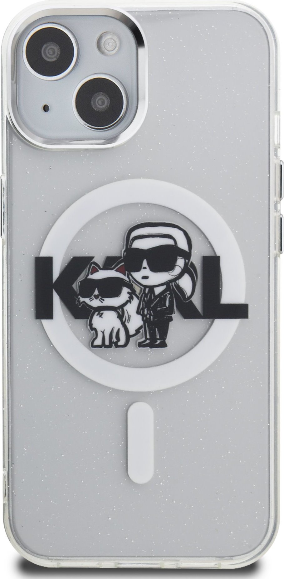 Karl Lagerfeld IML Glitter Karl and Choupette Sketch MagSafe kryt iPhone 15 čirý