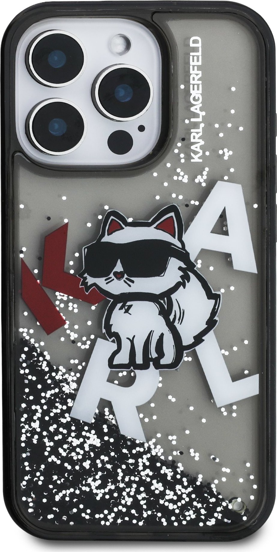 Karl Lagerfeld Liquid Glitter Scattered Choupette kryt iPhone 16 Pro černý