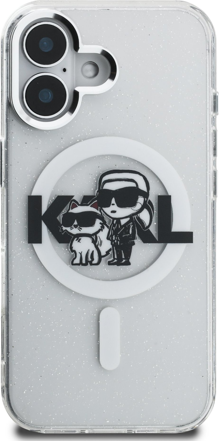 Karl Lagerfeld IML Glitter Karl and Choupette Sketch MagSafe kryt iPhone 16 čirý