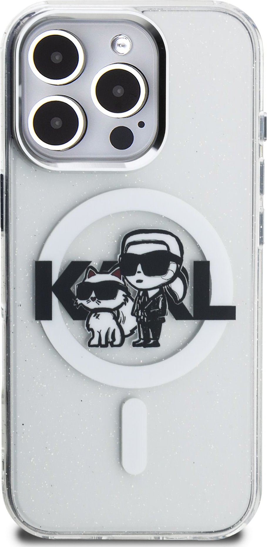 Karl Lagerfeld IML Glitter Karl and Choupette Sketch MagSafe kryt iPhone 16 Pro Max čirý