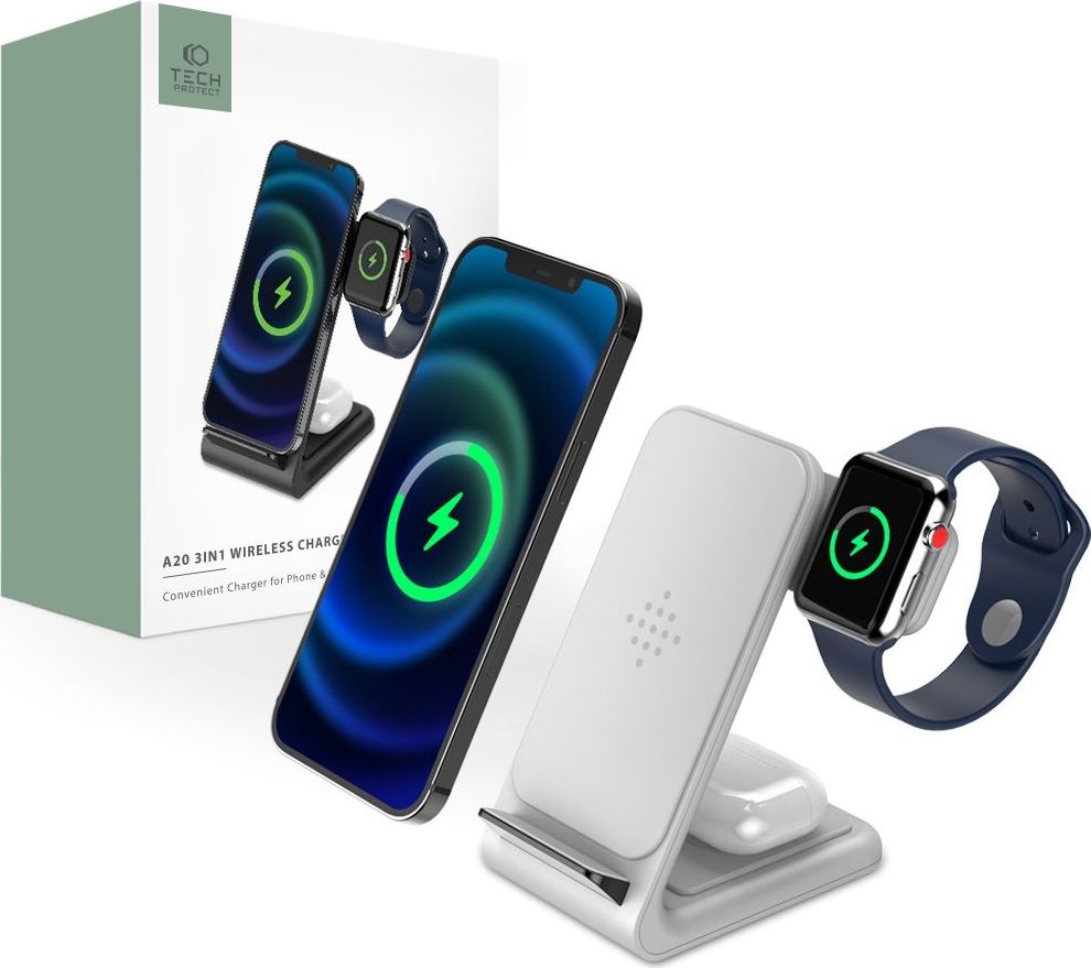 Tech-Protect Bezdrátová rychlá nabíječka pro iPhone, Apple Watch a AirPods - Tech-Protect, A20 Wireless Charging Station White - ROZBALENO