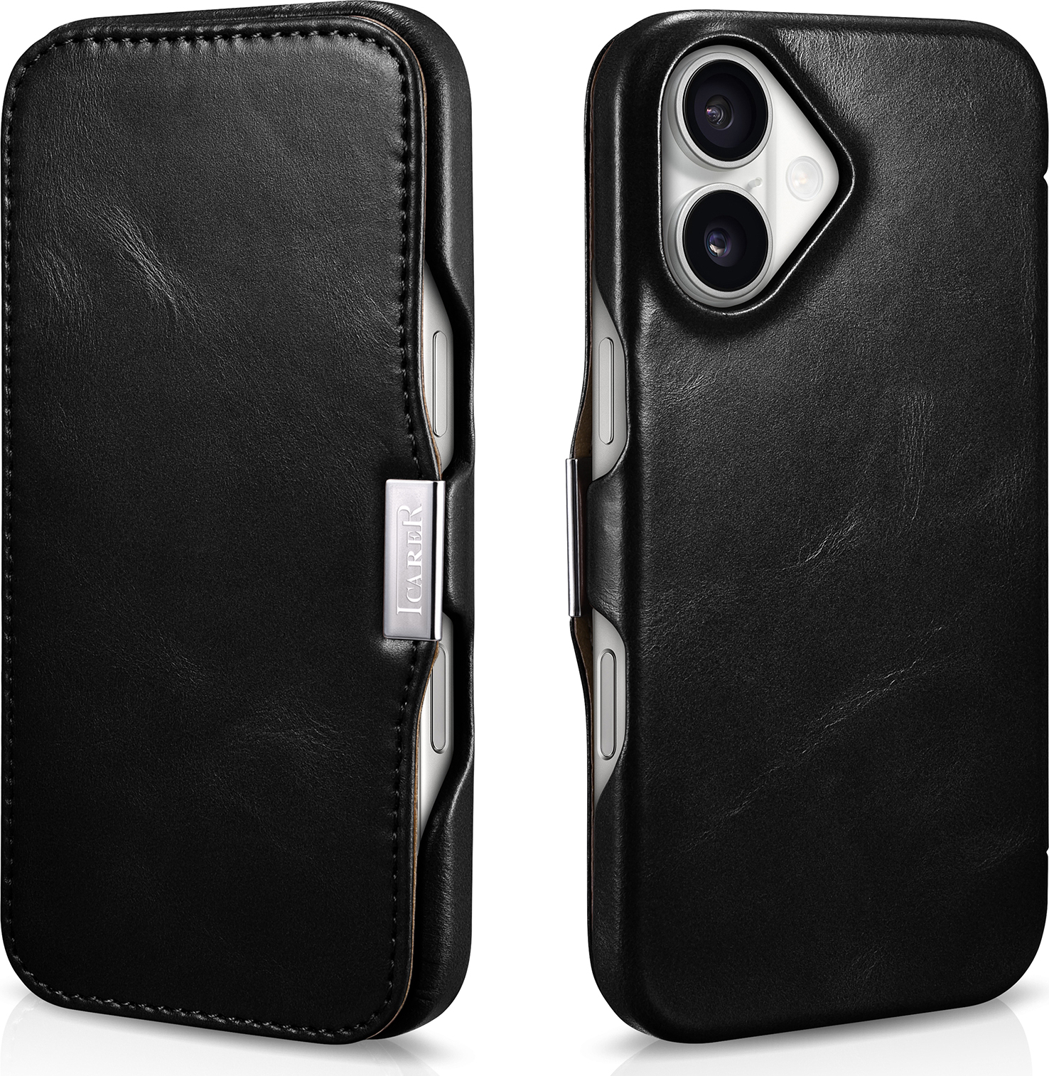 iCarer Knížkové pouzdro na iPhone 16 - iCarer, Oil Wax Real Leather MagSafe Black