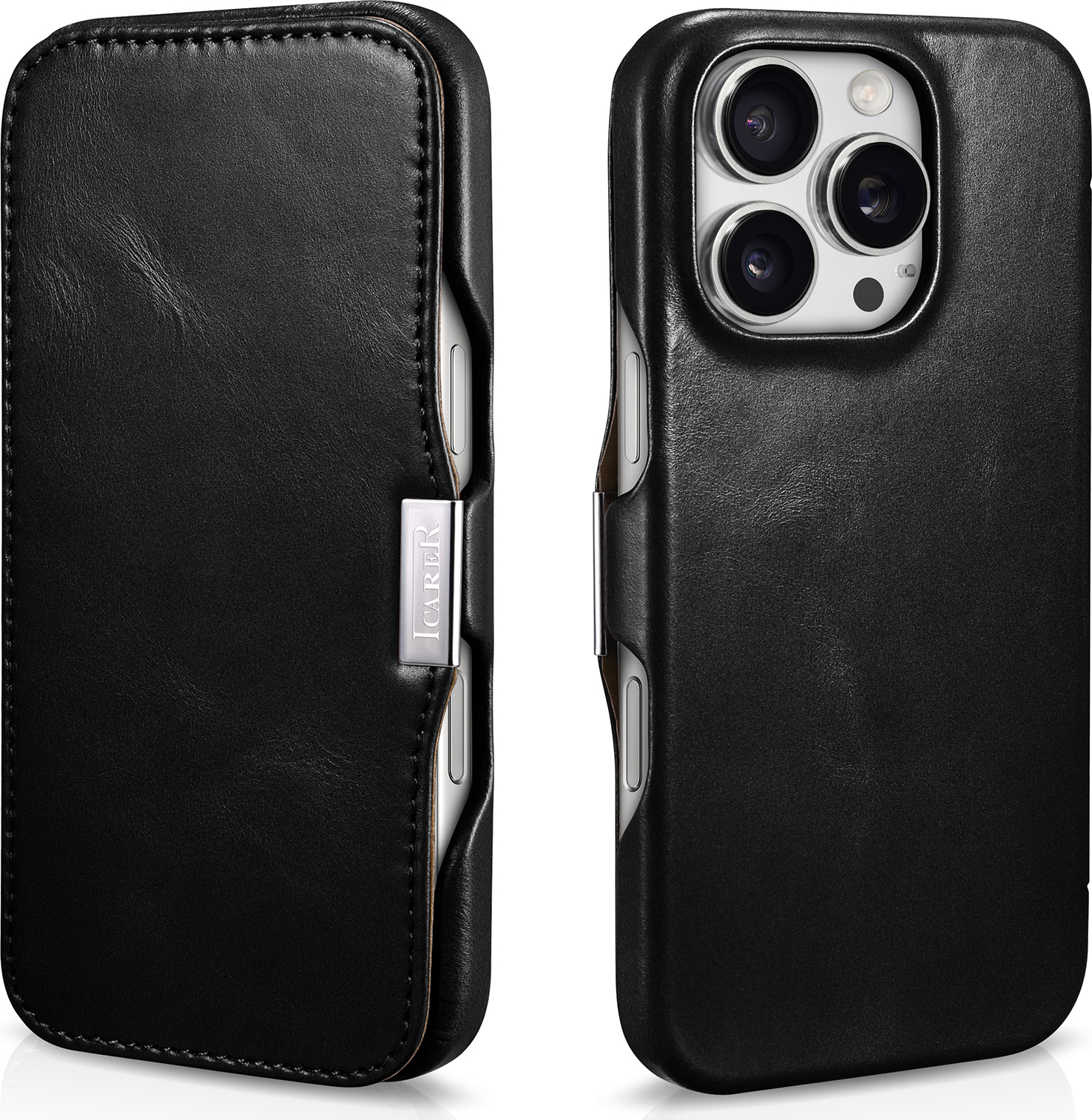 iCarer Knížkové pouzdro na iPhone 16 Pro - iCarer, Oil Wax Real Leather MagSafe Black