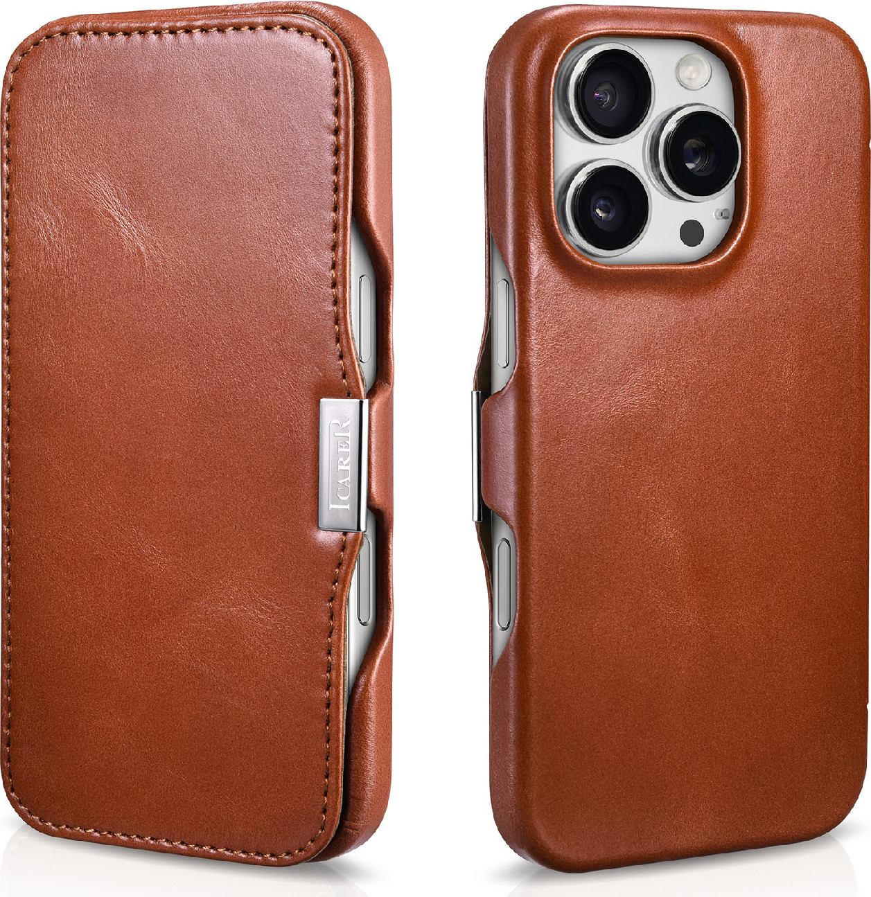 iCarer Knížkové pouzdro na iPhone 16 Pro - iCarer, Oil Wax Real Leather MagSafe Brown