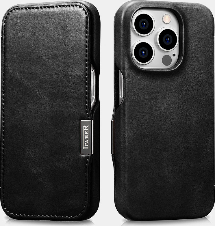 iCarer Knížkové pouzdro na iPhone 15 - iCarer, Oil Wax Real Leather MagSafe Black