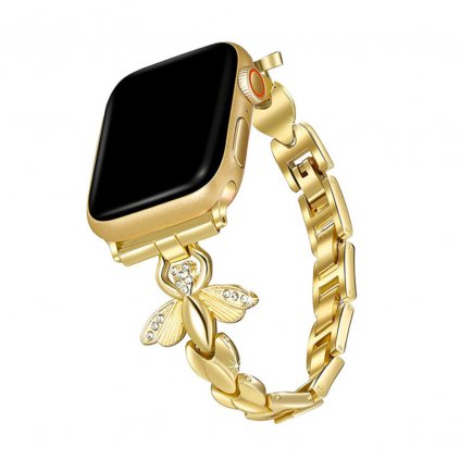 Štýlový remienok s kamienkami a motýľom na Apple Watch - Gold