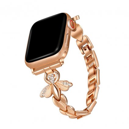 Štýlový remienok s kamienkami a motýľom na Apple Watch - Rose Gold