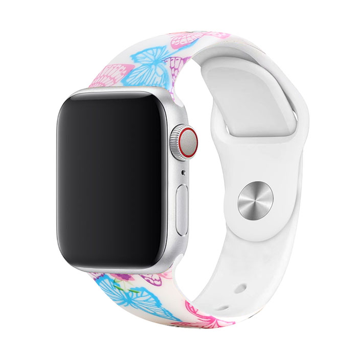 Remienok s potlačou na Apple Watch - Modré motýle Farba: Biela, Obvod: M-L (stredný až väčší obvod zápästia), Veľkosť: 38/40/41mm