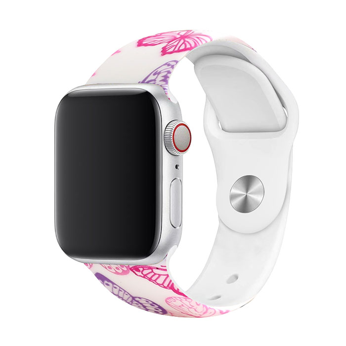 Remienok s potlačou na Apple Watch - Ružové motýle Farba: Biela, Obvod: S-M (menší až stredný obvod zápästia), Veľkosť: 42/44/45/49mm