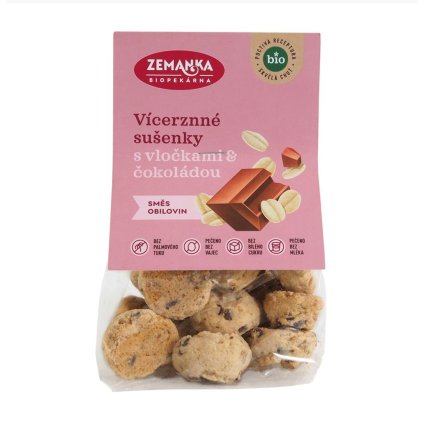 Biopekárna Zemanka Vícezrnné BIO sušenky s vločkami a čokoládou 100g  100g