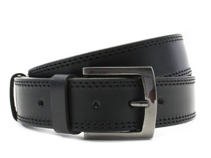 Černý kožený pánský opasek s dvojitým šitím 913-5002-2-60/60-9003-40 (Velikost 110 cm)
