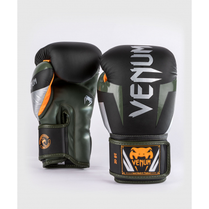 Boxerské rukavice Venum Elite - Black/Silver/Kaki (Velikost 8oz)