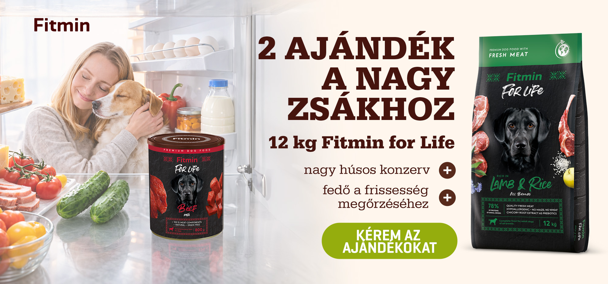 Fitmin For Life 12 kg kutyatáp akció, ajándék húsos konzervvel és fedővel