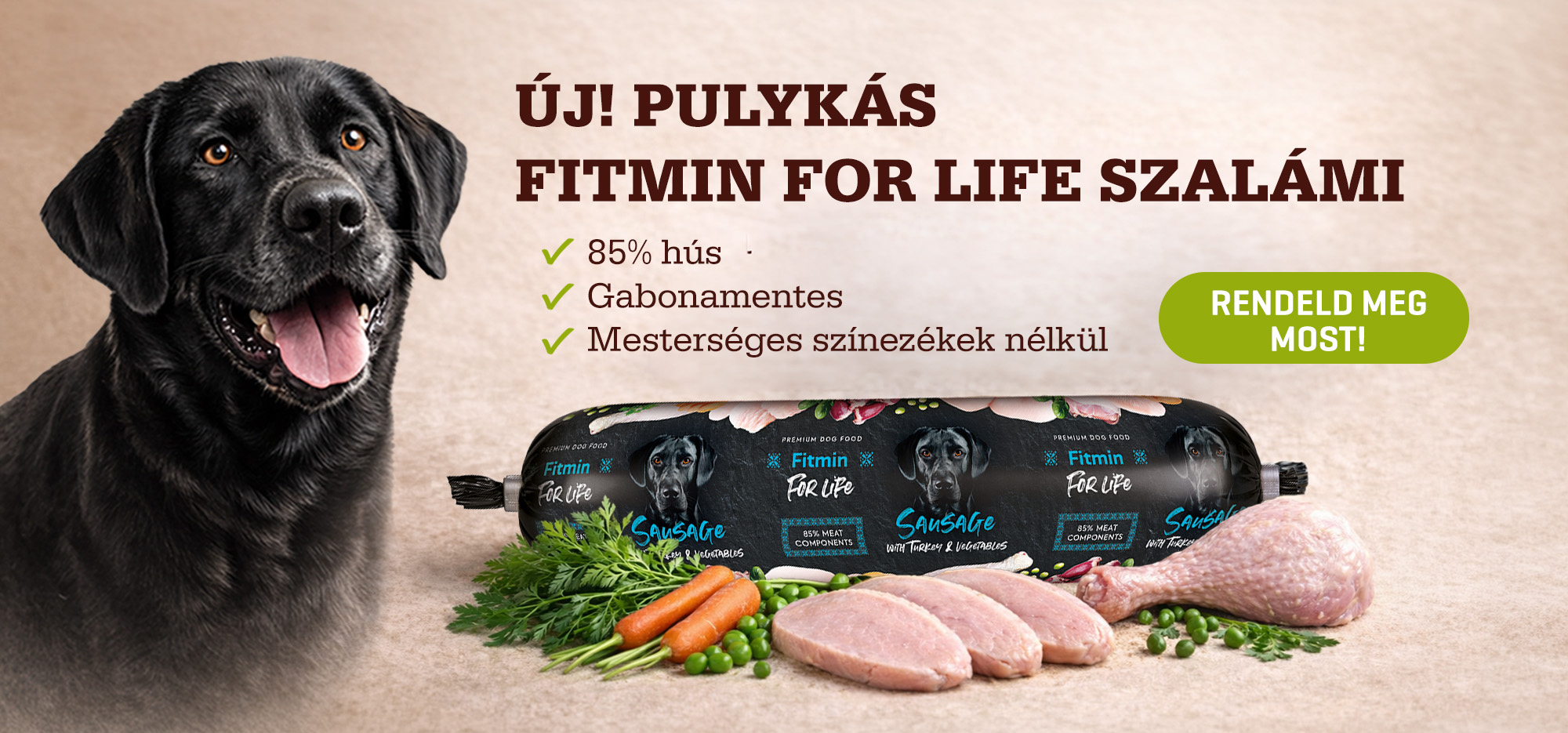 Új Fitmin For Life pulykás kutyaszalámi, 85% hústartalommal, gabonamentes összetétellel