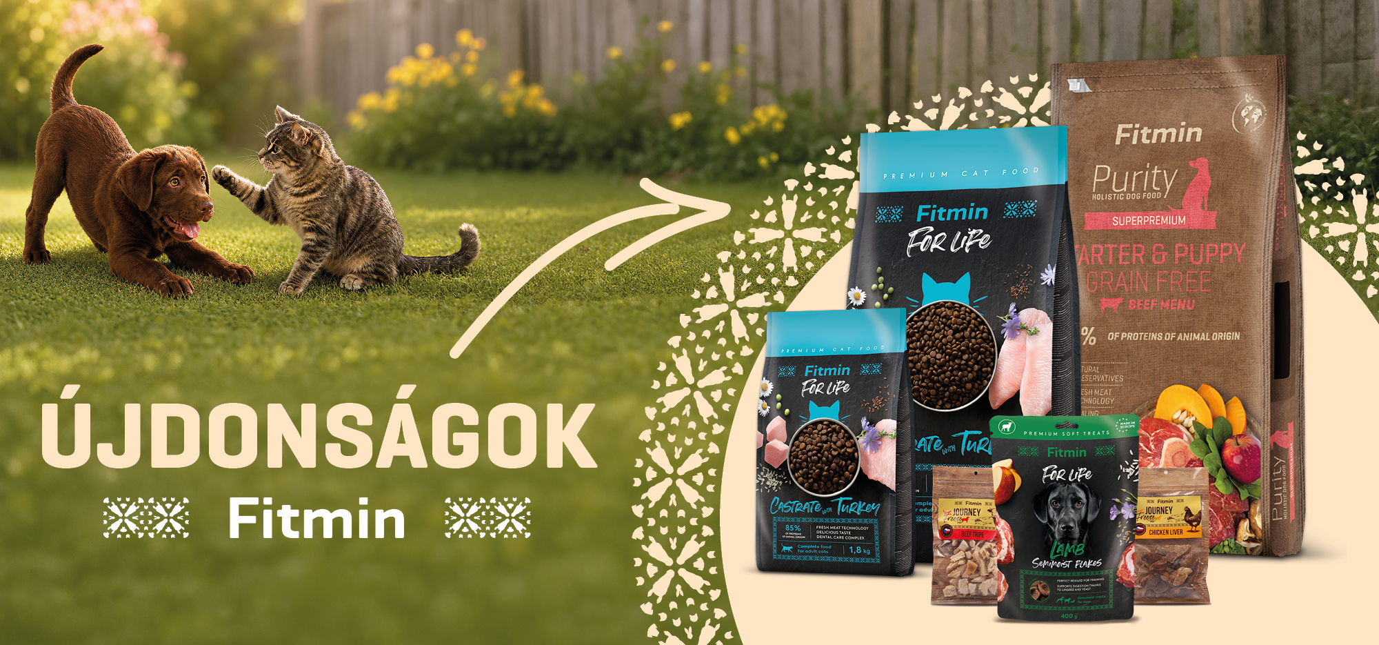 Új Fitmin termékek kutyáknak és macskáknak – Fitmin For Life és Fitmin Purity száraztápok, valamint Fresh Journey jutalomfalatok.