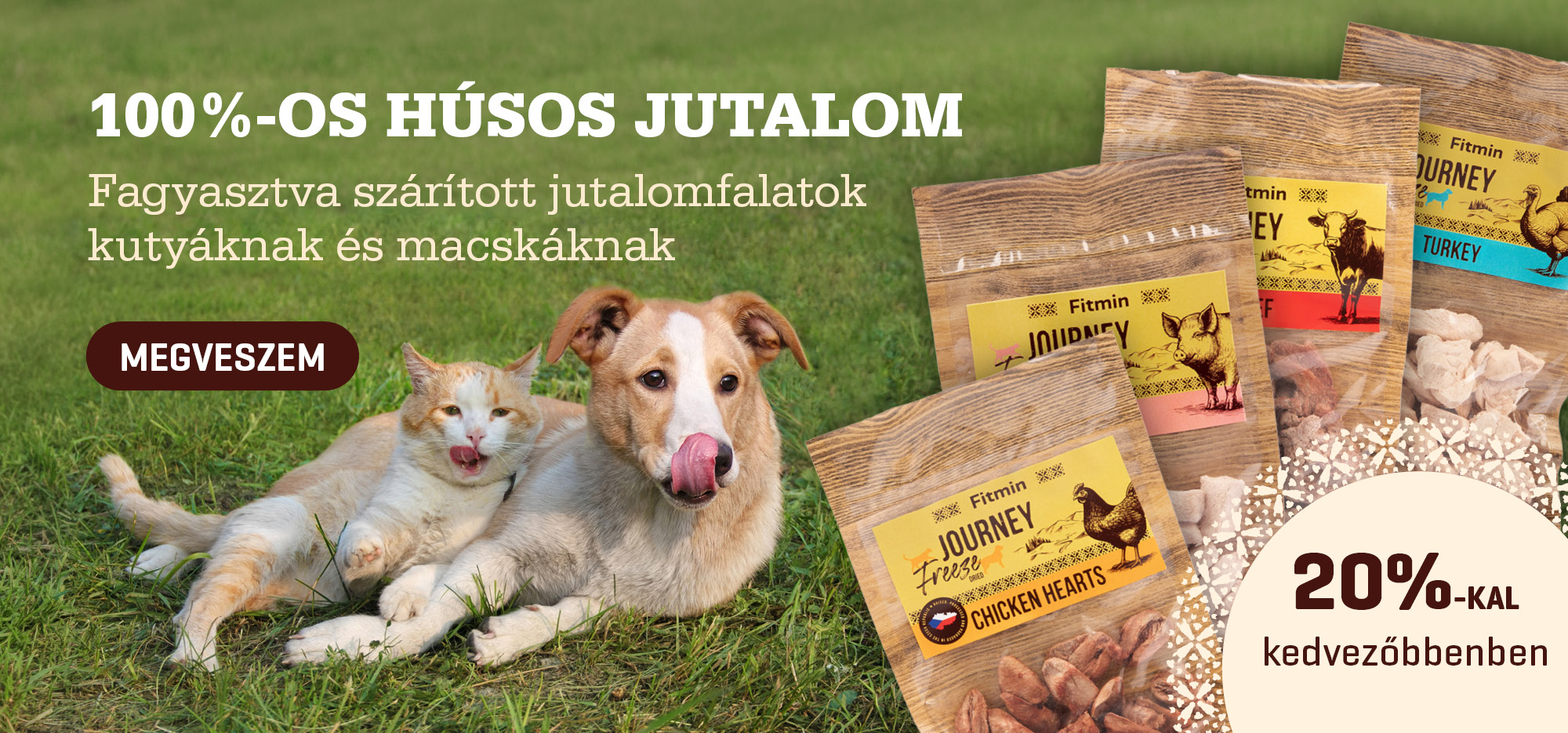 Fitmin 100%-os húsos jutalomfalatok kutyáknak és macskáknak, fagyasztva szárított snackek, kutya és macska a fűben, 20% kedvezmény