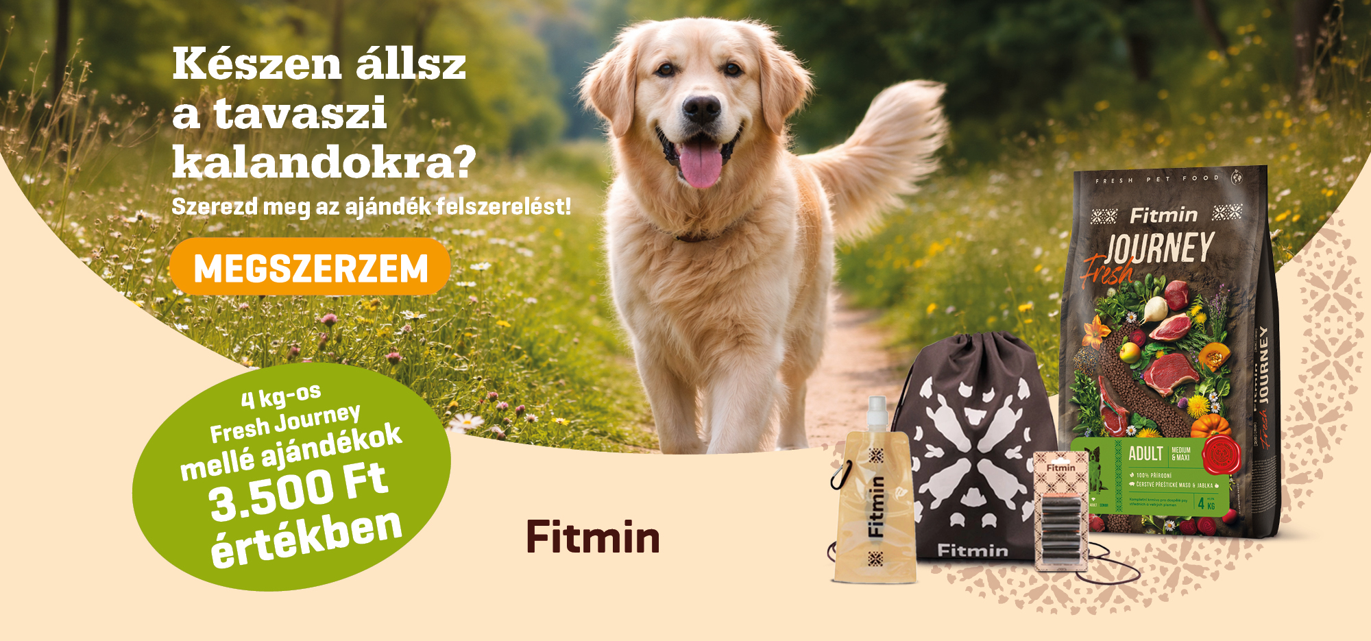 Golden Retriever tavasszal az erdei ösvényen, Fitmin Fresh Journey 4 kg kutyatáp ajándék felszereléssel, tavaszi kalandokhoz kutyáknak