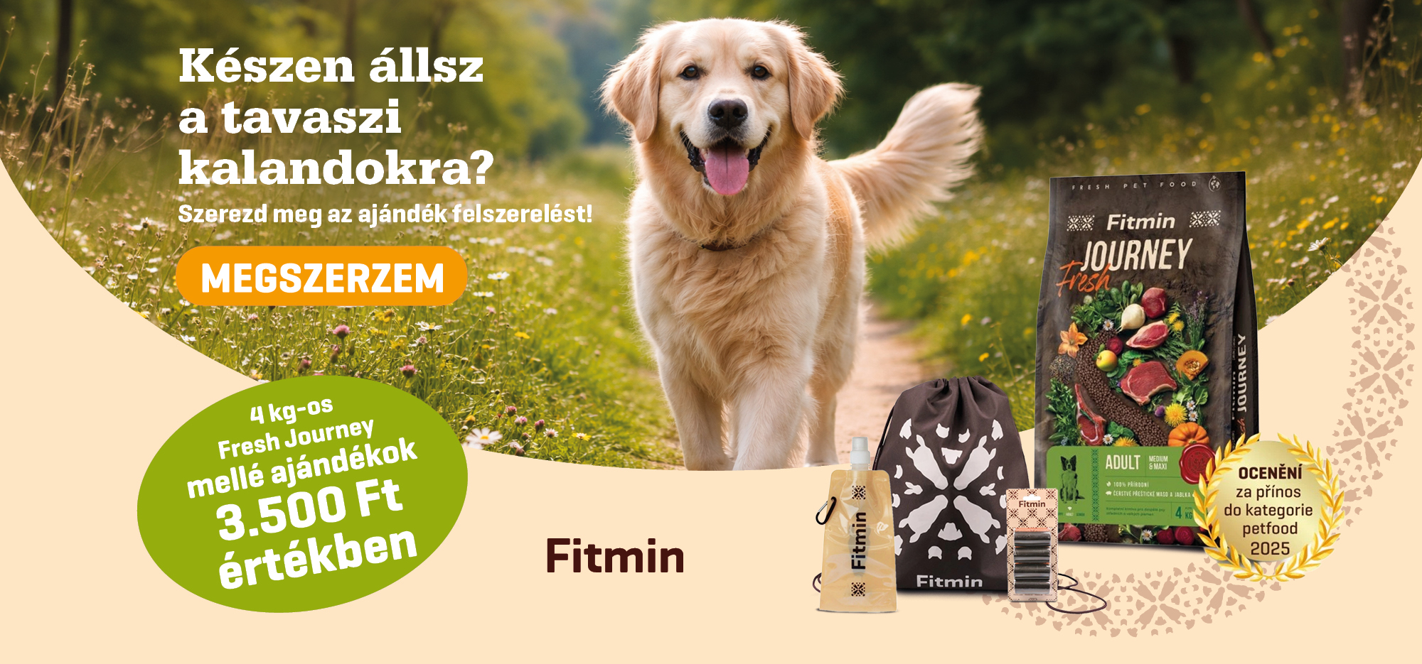 Golden Retriever tavasszal az erdei ösvényen, Fitmin Fresh Journey 4 kg kutyatáp ajándék felszereléssel, tavaszi kalandokhoz kutyáknak