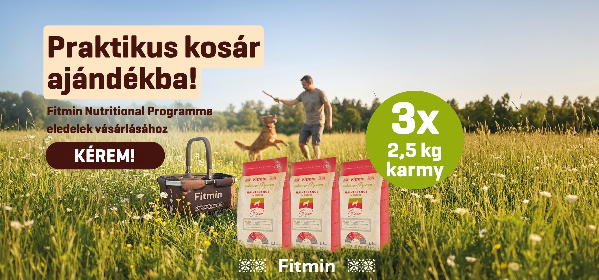 Fitmin Nutritional Programme kutyaeledel akció – vásárolj 3× 2,5 kg száraztápot és kapj praktikus kosarat ajándékba.