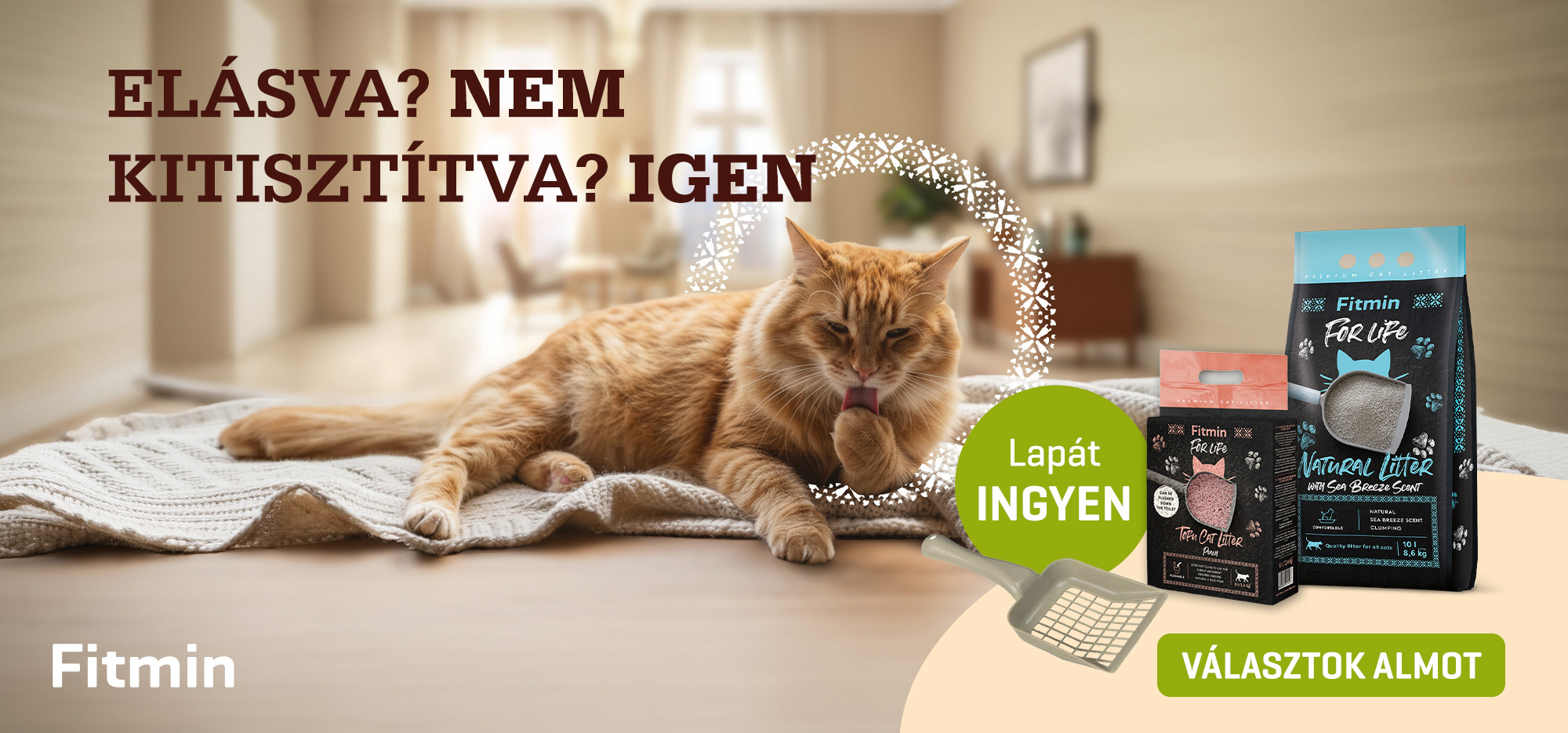 Fitmin macskaalom – pormentes, könnyen tisztítható alom ajándék lapáttal, friss illattal és hatékony szagmegkötéssel.