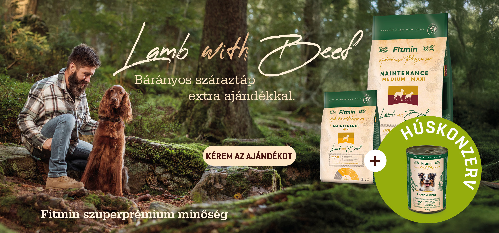 Fitmin bárányos száraztáp kutyáknak ajándék húskonzervvel, kutya gazdával az erdőben, szuperprémium minőség